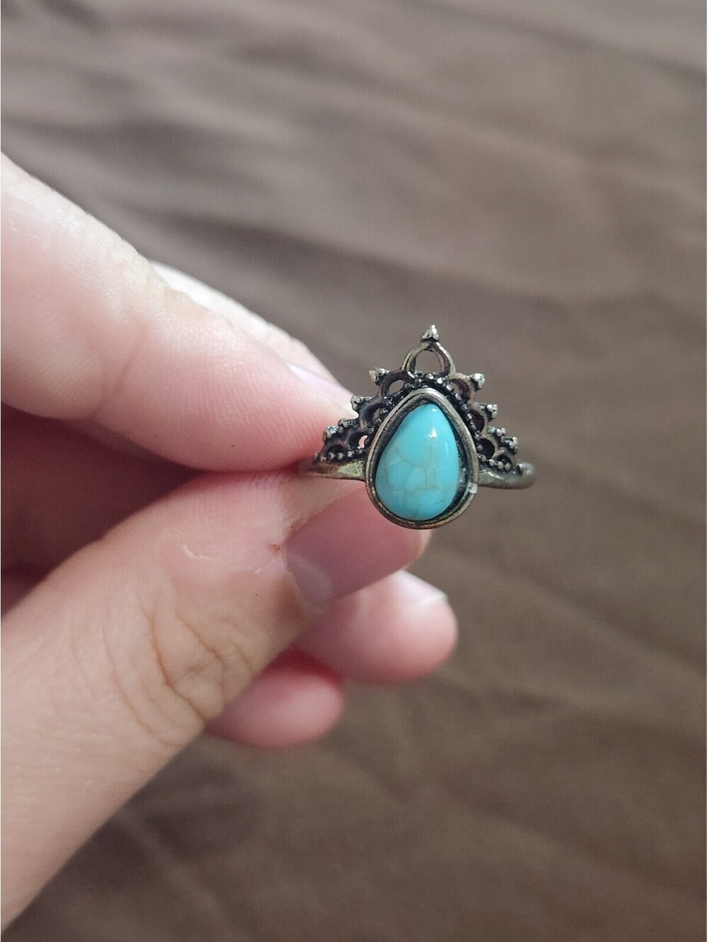 Vintage Style Silver Tone Ring with Teardrop Faux Turquoise Stone